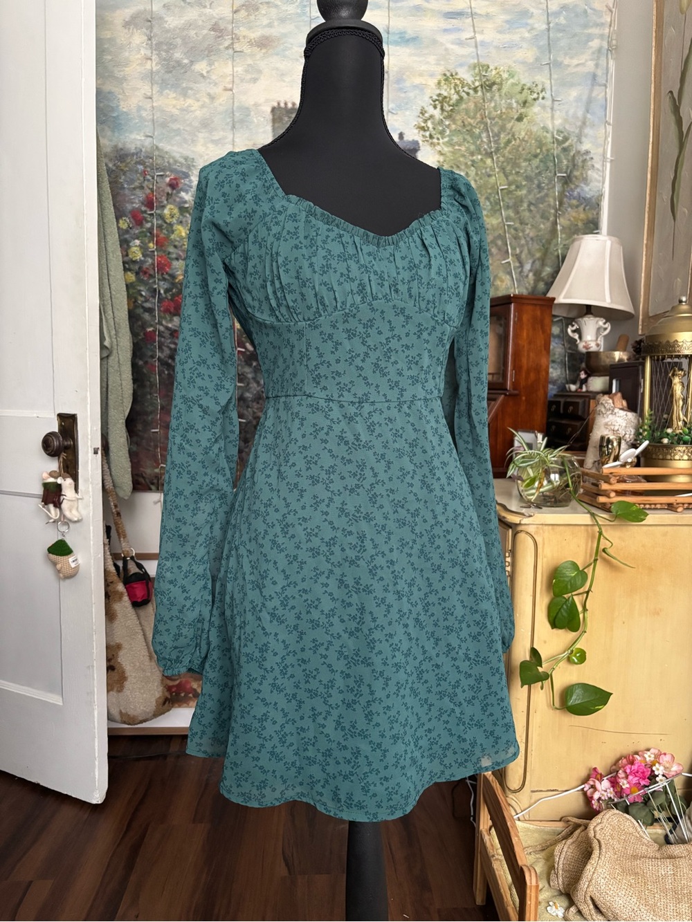 Hollister Teal Floral Long-Sleeve Square-Neck Dress